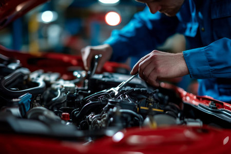 Mechanic in blue uniform repairs red suv engine with wrench in auto repair garage