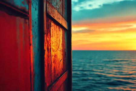 Close up of cargo container on ship at sunset, highlighting maritime transport for global tradeの写真素材