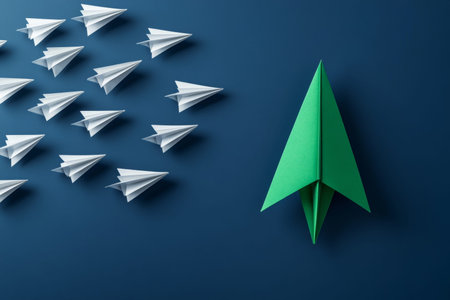 A green paper plane navigating among white ones on a dark blue background symbolizing business ideas