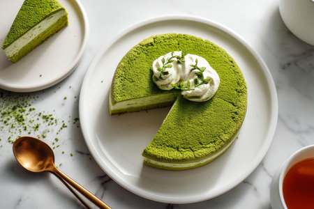 Delicious green matcha cake with cream on a white plate top view food photography on marble tableの写真素材