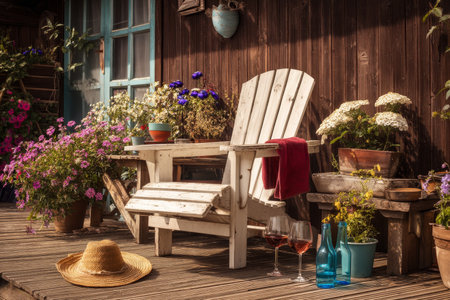 Charming wooden terrace in spring with adirondack chair, wine glasses, and colorful flowersの写真素材