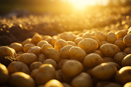 Golden hour market scene close up of potatoes with warm colors and stunning detailの写真素材