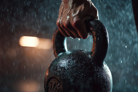 Close up of a hand gripping a heavy kettlebell in the rain with dramatic lightingの写真素材