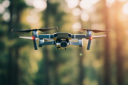 Close up of a camera drone in flight showcasing propellers and screen with blurred background