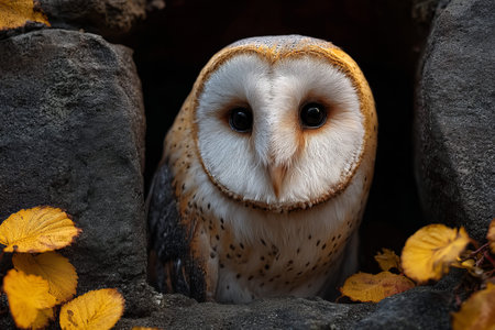Charming barn owl gazing from a dark stone nook surrounded by vibrant autumn leaves
