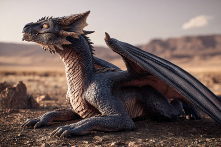 Photorealistic full body dragon with wings resting on desert ground in cinematic lighting