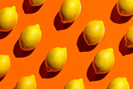 Symmetrical arrangement of lemons on vibrant orange background in minimalist photography styleの写真素材