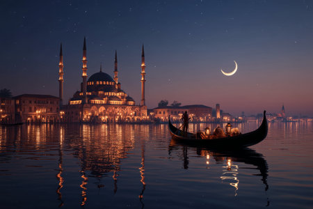Stunning 3d rendering of an ancient gondola on a river with mosque and moonlit night backgroundの写真素材