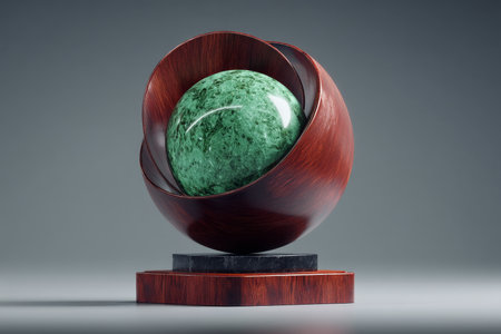 Spherical award of dark wood and green jade with abstract design on base, studio photographyの写真素材