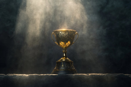 Illuminated golden trophy on dark gray background symbolizing success in business and sportsの写真素材