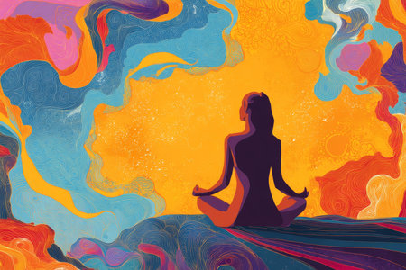 Vibrant illustrated yoga woman surrounded by colorful abstract patterns and intricate detailsの写真素材