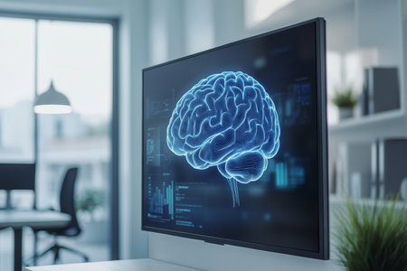 A photorealistic close up of a digital brain in blue on a tv screen in a modern office settingの写真素材