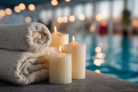 Relaxing spa atmosphere with candles and towels by a pool, perfect for a tranquil retreat theme