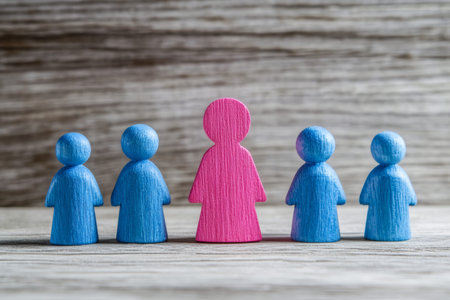 Gender diversity in focus pink female figure stands out among blue male figures on wood backgroundの写真素材