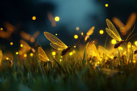 Enchanting night scene with fireflies glowing on grass and illuminated wings in a fantasy styleの写真素材