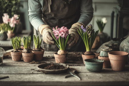 Woman planting hyacinths and amaryllis in clay pots on a wooden table in modern interior settingの写真素材