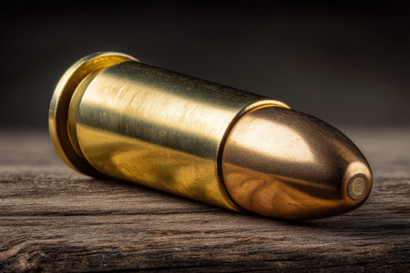 A golden striking bullet on an aged wooden table with dramatic lighting and black backgroundの写真素材