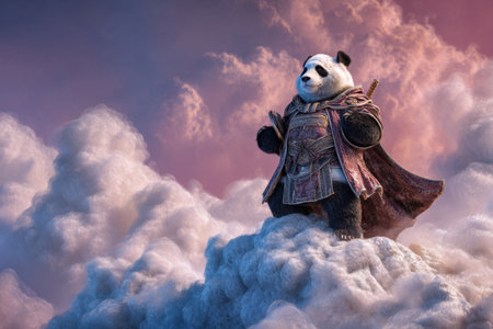 Surreal panda in a cape on an icy mountain a dynamic martial arts scene with colorful skiesの写真素材