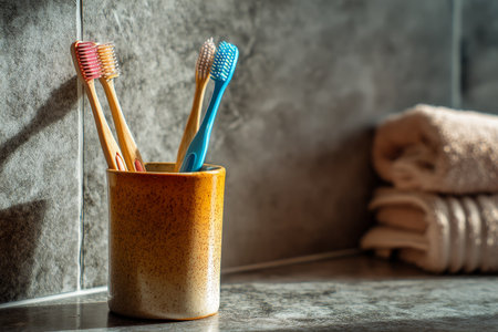 Close up of two toothbrushes in a ceramic cup on a bathroom counter with space for textの写真素材