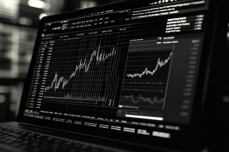 Laptop displaying stock market data against financial news background in dark color theme