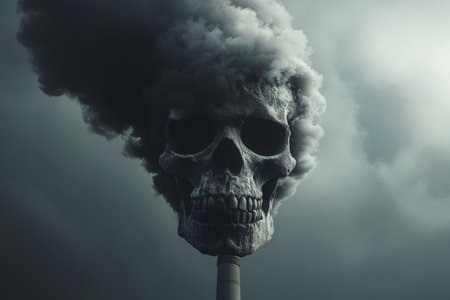 A smoky skull rises from an industrial chimney, symbolizing pollution and global warming impactの写真素材