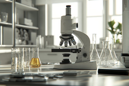 Close up of a microscope surrounded by glass beakers and test tubes in a bright laboratory setting