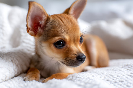 Adorable chihuahua puppy relaxing on a white blanket in professional stock photography styleの写真素材