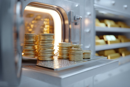 Modern open bank safe with glowing coins, surrounded by money boxes and golden ingotsの写真素材