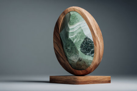 Stunning abstract wooden and green marble trophy on oval base against gray backgroundの写真素材