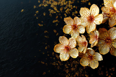 Elegant golden sakura flowers on dark background for greeting card or banner design template