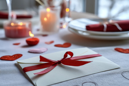 Romantic valentine's day setup white envelope with red ribbon amidst heart decorations and candlesの写真素材