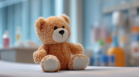 A heartwarming teddy bear on a hospital bed symbolizing child well being and care in a healing spaceの写真素材