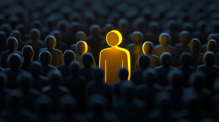 3d illustration of a luminous yellow figure among dark gray crowd symbolizing uniqueness in a teamの写真素材