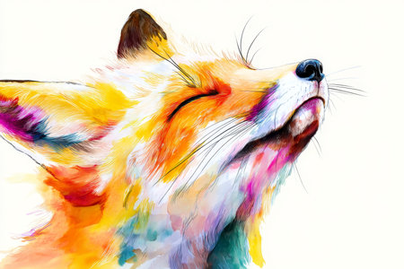 Adorable fox head with a joyful expression, painted in watercolor and pastels on a white canvasの写真素材