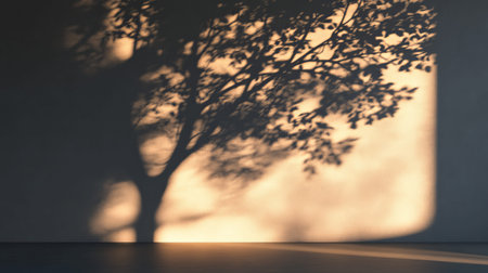 Minimalist 3d render of tree shadow on wall with sunset light and abstract dark background