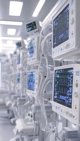 Realistic 3d render of a hospital room featuring life support machines and display screens