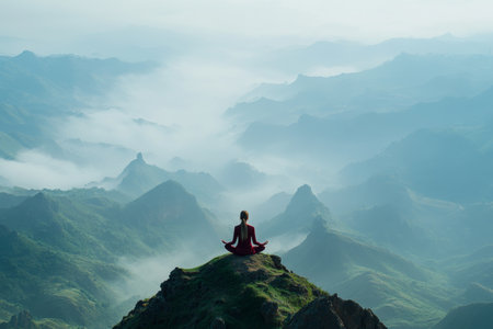 Serene woman meditating on mountain peak with breathtaking foggy nature landscapeの写真素材