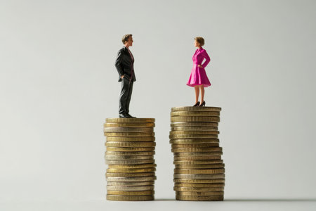 Miniature figures of a businesswoman and businessman on coin stacks representing gender and wealthの写真素材