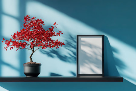 Minimalist mockup of a red tree in a pot on a shelf against a black frame and blue wall