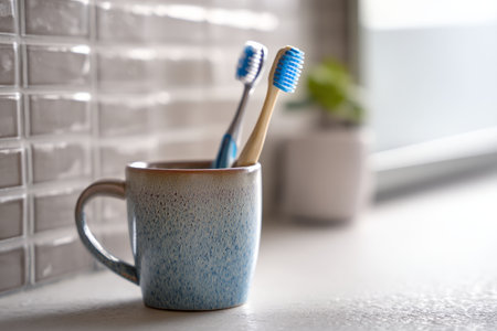 Close up of two toothbrushes in a ceramic cup on a bathroom counter with space for textの写真素材