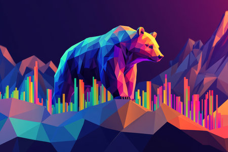 Colorful low poly stock market illustration featuring bear on graph with charts and geometric shapesの写真素材