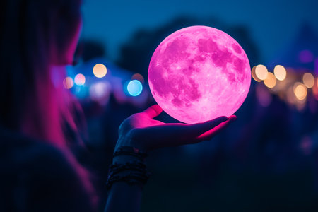 A woman s hand cradling a glowing pink moon amidst a festival crowd and dazzling lightsの写真素材