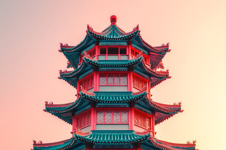 Minimalist chinese architectural tower with a red gradient, sky blue and pink accentsの写真素材
