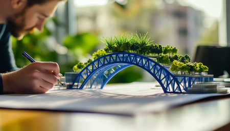 Designer sketching a bridge model featuring blue arches and greenery in a professional setting
