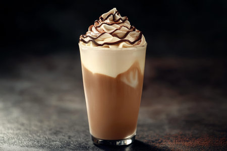 Indulge in a glass of cold coffee with cream and chocolate swirls against a dark background