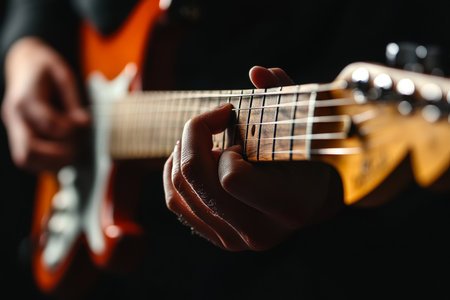 Close up of hand on electric guitar neck in music studio, ideal for banner design backgroundの写真素材