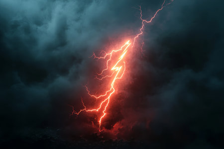 Intense lightning bolt illuminates dark sky in 3d rendered cinematic illustration with bokeh effectsの写真素材