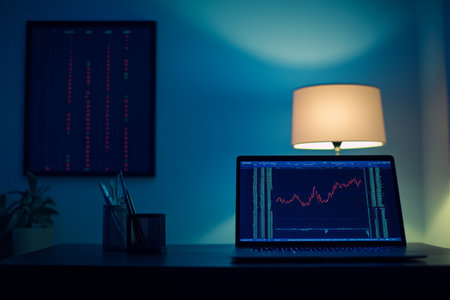 Minimalist dark room with laptop showing stock market charts and desk lamp for finance insightsの写真素材