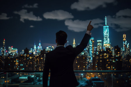 Businessman showcasing new york city skyline from rooftop, symbolizing success against night skyの写真素材