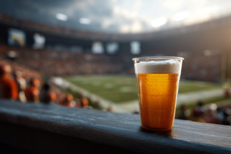 Close up of american craft beer in a plastic cup at nfl stadium, perfect for game day celebrationsの写真素材